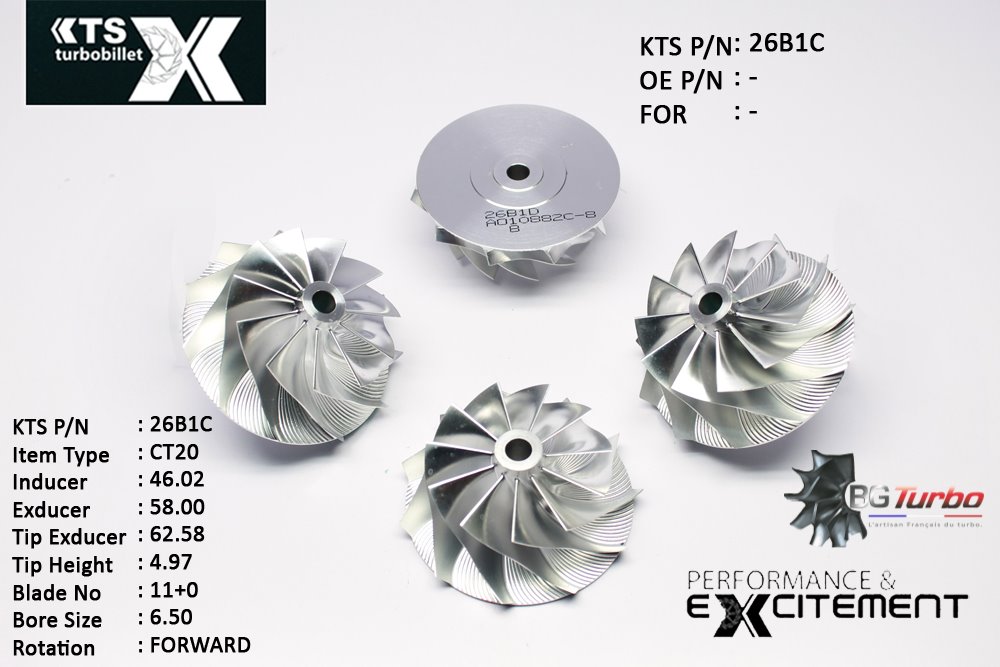 Turbo ROUE FORGÉE MFS PERFORMANCE - 11+0 PALES - INDUCER : 46,02 - EXDUCER : 58 - TYPE : CT20ANGLE : 60° - ROTATION : Forward - SUPER BACK : 0,53 - BORE SIZE : 6,5
